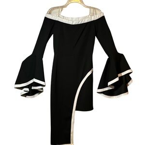 Off-Shoulder Black Asymmetrical Dress with White Trim and Bell Sleeves